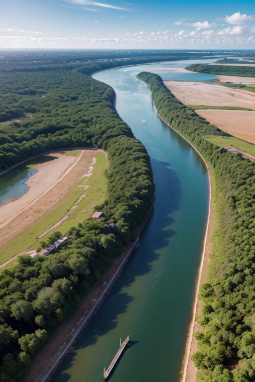 Create an image to be placed on a pen card with the Tietê River in the background in the region of the city of Anhembi and a simple dredging vessel that operates in the region's rivers. This image must be high resolution to allow placement on the pen card.