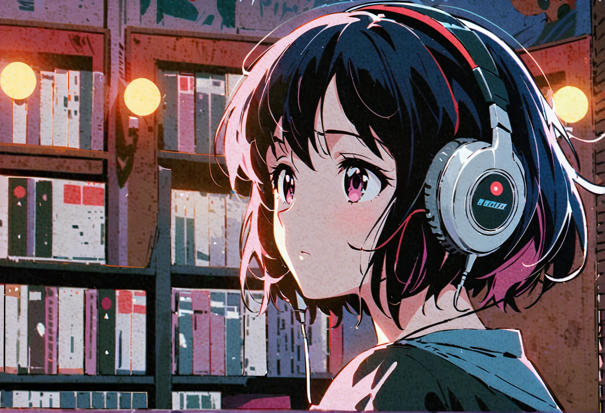 A woman listening to music through earphones connected to an old radio, anime style painting, night, The background is a shelf of retro records, The overall atmosphere is dark and calm., Depressed expression,