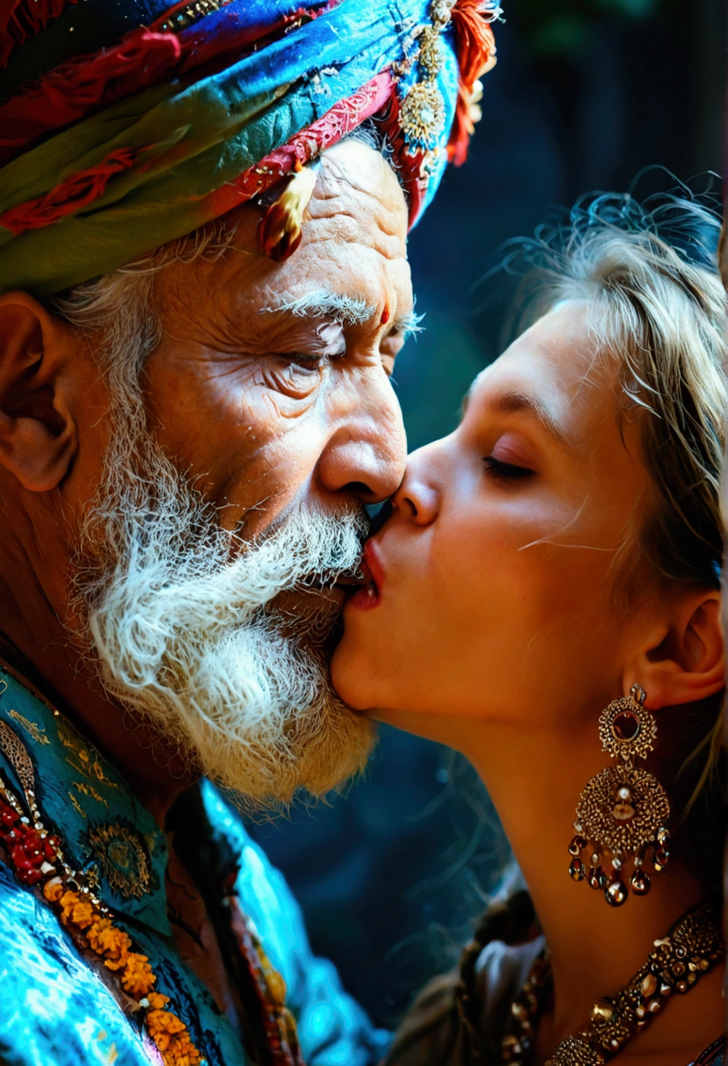 beautiful russian girl kissing an ugly old indian man