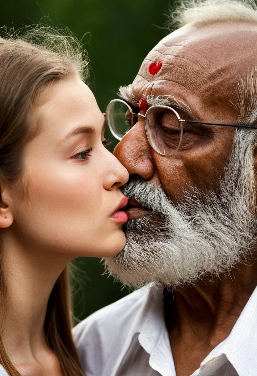 beautiful russian girl kissing an ugly old indian man