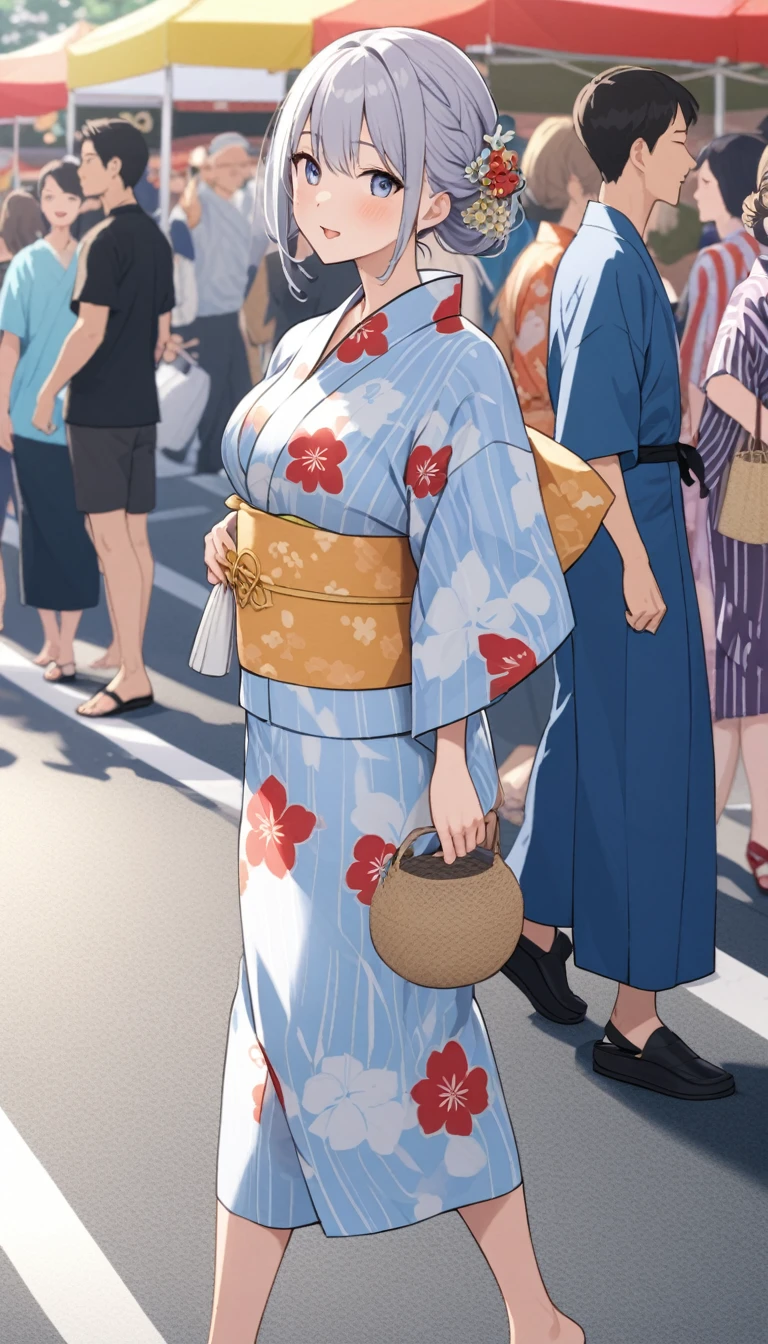 夏のyukataを着て立っている、上品なyukata、yukata、Kimono of the common people、カラフルなyukata、日本の夏のyukata、日本の古典的な夏のかわいいyukata、花柄の赤いyukata、Summer festival style