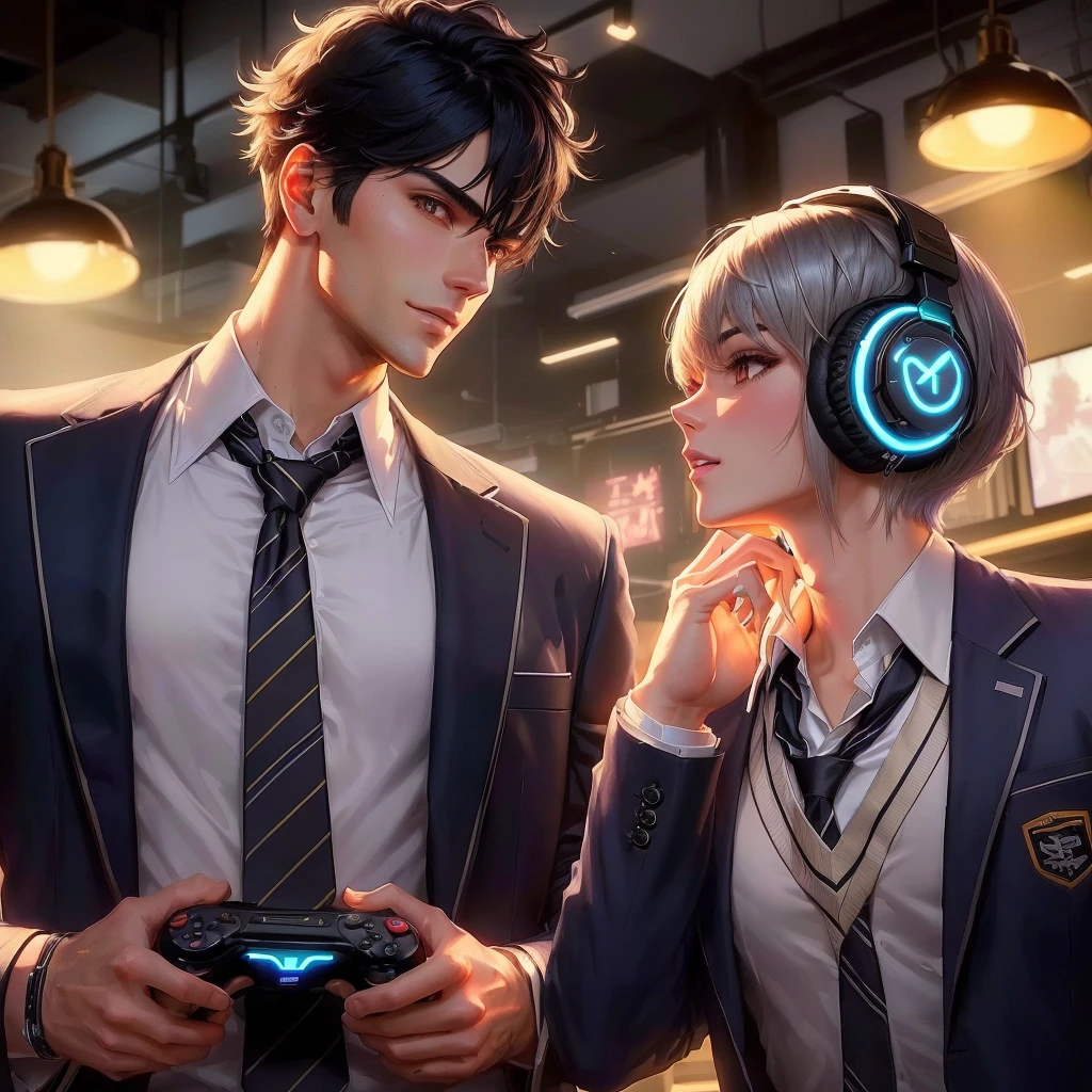 An Anime art style of a portrait of a 30-year-old handsome man with black hair and strong jawline, wearing a , tie, blazer and white sport shoe, opposite a woman with a short blonde grey pixie cut, fair skin, wearing a too with blazer, tie, and shoes, both in a gaming cafe exchanging flirty glances with gaming headphones, neon game controllers, detailed and dynamic, wide-angle, volumetric lighting, HDR, Artstation.