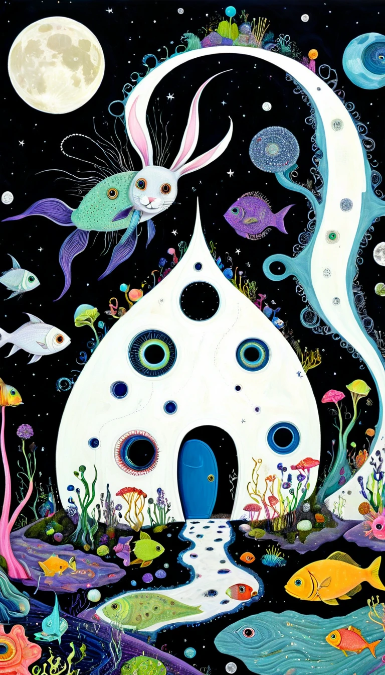 &quot;Dick Ellescas Artist Style&quot;,House on the Moon，Ugly bunny，fish，Tentacles，Eye、diatom，Stitching together an abstract painting，Describing the inner world of autistic people，Sense of space，White Space，interesting，Innocence，Psychedelic Art，Dark Theme