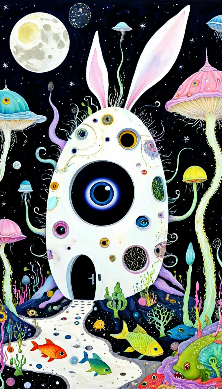 "Dick Ellescas Artist Style",House on the Moon,Ugly bunny,fish,Tentacles,Eye、diatom,Stitching together an abstract painting,Describing the inner world of autistic people,Sense of space,White Space,interesting,Innocence,Psychedelic Art,Dark Theme