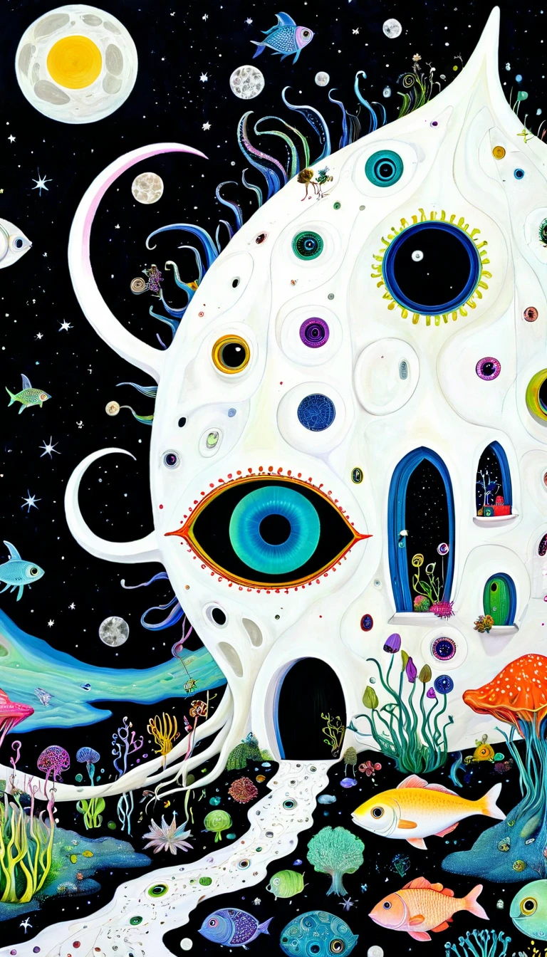 &quot;Dick Ellescas Artist Style&quot;,House on the Moon，Ugly bunny，fish，Tentacles，Eye、diatom，Stitching together an abstract painting，Describing the inner world of autistic people，Sense of space，White Space，interesting，Innocence，Psychedelic Art，Dark Theme