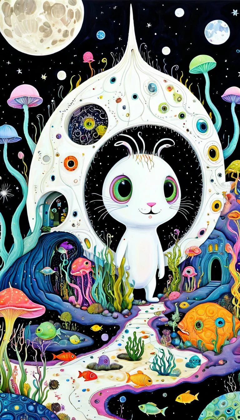 "Dick Ellescas Artist Style",House on the Moon,Ugly bunny,fish,Tentacles,Eye、diatom,Stitching together an abstract painting,Describing the inner world of autistic people,Sense of space,White Space,interesting,Innocence,Psychedelic Art,Dark Theme