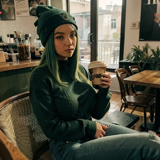 1girl(green hair, beanie, sweater, jeans, medium breasts, big nipples), solo, Coffee shop, sitting on chair, dynamic pose, indoors,