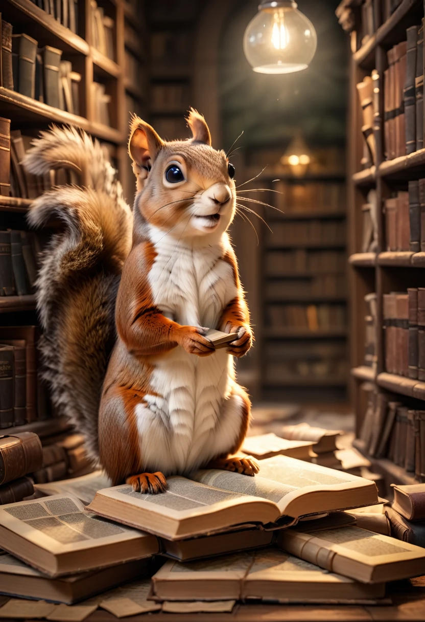 In the warm light of a reading lamp in an old library, a lively squirrel sits on a pile of old books, surrounded by shelves full of dusty books and ancient maps lying around. The 8K UHD image is rendered in RAW format, boasting incredible photorealism, with each squirrel's feathers and eyes meticulously detailed, fur textures subtly nuanced, and faces full of keen curiosity. Everything is combined with a rich color palette of natural tones, warm browns and creams, evoking a cinematic atmosphere full of warmth and magic.