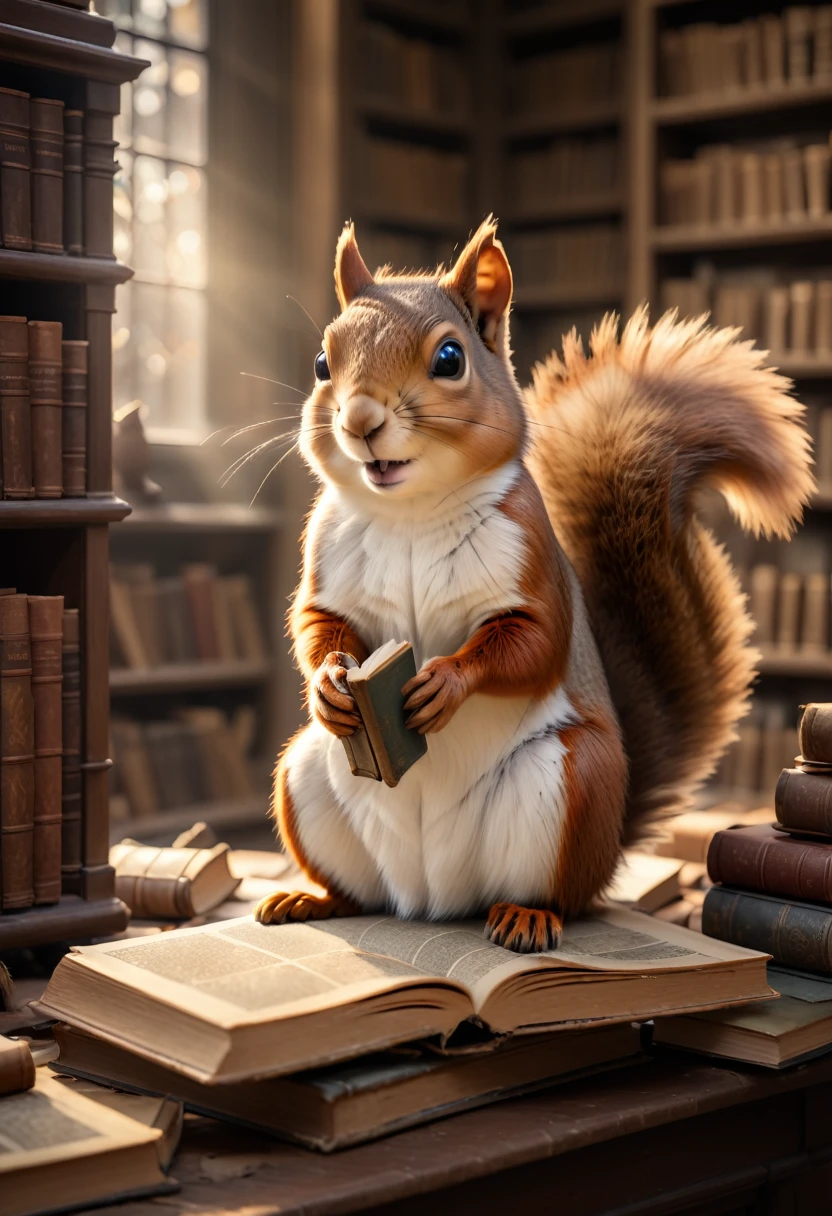 In the warm light of a reading lamp in an old library, a lively squirrel sits on a pile of old books, surrounded by shelves full of dusty books and ancient maps lying around. The 8K UHD image is rendered in RAW format, boasting incredible photorealism, with each squirrel's feathers and eyes meticulously detailed, fur textures subtly nuanced, and faces full of keen curiosity. Everything is combined with a rich color palette of natural tones, warm browns and creams, evoking a cinematic atmosphere full of warmth and magic.
