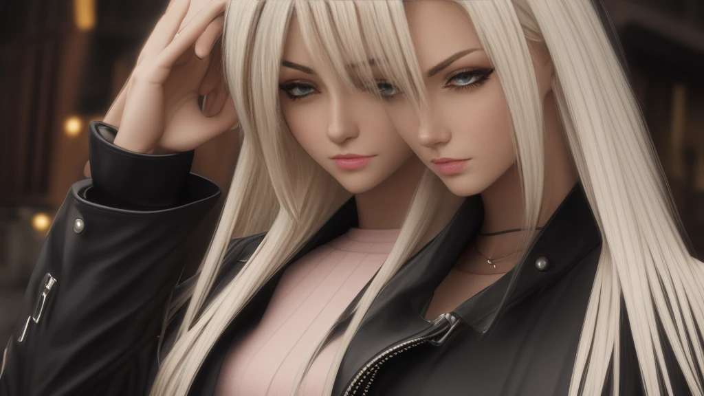 Accamary4, beautiful woman, model, Looking out of the corner of my eye, focus on his face, long platinum blonde hair, Dressed like a gang member, Estilo Grand Theft Auto, Very detailed, 8k, cinematic lighting, dramatic pose, vivid colors, sandy, grunge, dystopian, digital paint, with a pink garment