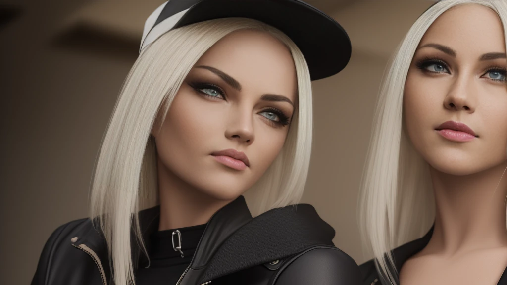 Accamary4, beautiful woman, model, Looking out of the corner of my eye, focus on his face, long platinum blonde hair, Dressed like a gang member, Estilo Grand Theft Auto, Very detailed, 8k, cinematic lighting, dramatic pose, vivid colors, sandy, grunge, dystopian, digital paint, with a pink garment