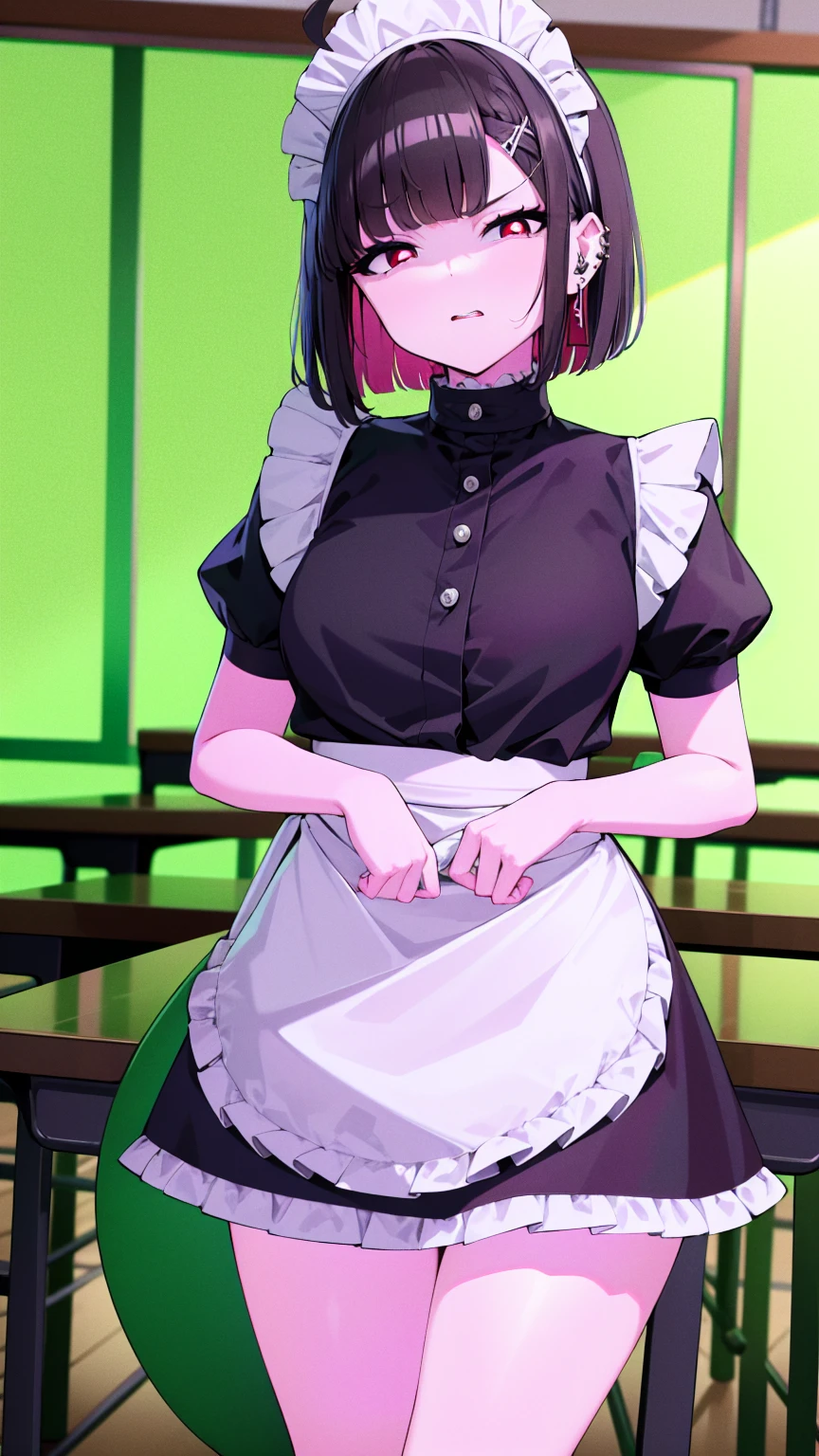 (cowboy shot),(ultra-high resolution, depth of field:1.2),Zenless Zone Zero,(Elen Joe:1.1),1woman,mature,black hair,short hair,inner color hair,(red eyes),medium breasts,crossed arms,maid dress,shark tail,maid apron,maid headdress,piercing,short sleeves,in classroom,sitting,sit in a chair,(((skirt lift,skirt hold)))