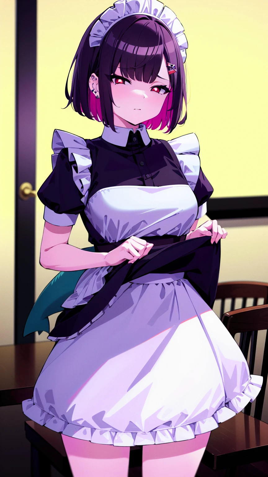 (cowboy shot),(ultra-high resolution, depth of field:1.2),Zenless Zone Zero,(Elen Joe:1.1),1woman,mature,black hair,short hair,inner color hair,(red eyes),medium breasts,crossed arms,maid dress,shark tail,maid apron,maid headdress,piercing,short sleeves,in classroom,sitting,sit in a chair,(((skirt lift,skirt hold)))