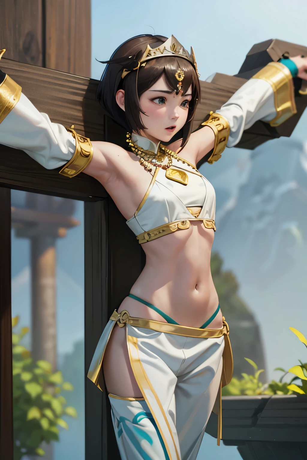 Tripitaka Monk、Sanzang Fashi、Unparalleled in the Three Kingdoms、Unparalleled OROCHI、No sleeve、Chest band、Navel sticking out、Pale green loose pants、Brown Hair、Bobcut、tiara、beads necklace、Sleeves longer than the arms、blush、Frightened、Captivity、Crucifixion、Giant Cross、Tied to the Cross、（（（ＳＦＷ、sound、Highest quality、first-clasasterpiece、Normal body、8K、Detailed face、Ultra-precision、Normal hand、Normal finger、５Finger、Highest）））