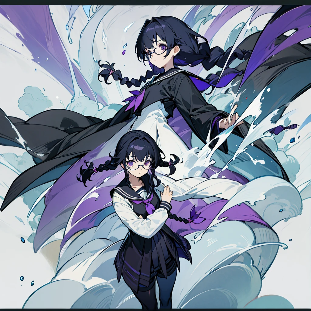 high resolution、Fine skin、Glasses、Purple droopy eyes, black hair braids、Black Sailor Suit、No background