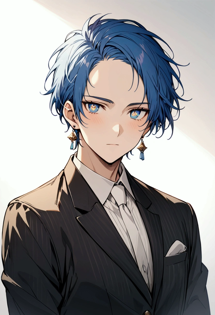 whole body、whole body、whole body、whole body、Character portrait、male、masterpiece、Handsome、uncle、The forehead is visible、30 years old、Blue Hair、Long earrings、Worn suit、Jacket、Give bangs、Showing his forehead、Handsome、Intricately drawn eyes、good looking、Plain white background、Starry Ski、White background、whole body、Character portrait、Character portrait