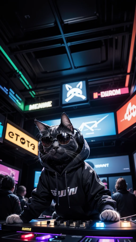 "Create an ultra-realistic 4K photo of a DJ cat. The cat is an animal with highly detailed and realistic fur texture, showing individual strands of fur in varying shades and subtle color variations that add depth. The cat is wearing large, high-quality, over-ear headphones with a metallic finish and cushioned ear pads that look plush and comfortable. The headphones have small LED lights that pulse gently in sync with the music. The cat is dressed in a stylish, well-fitted hoodie with the hood up, made from a soft fabric that has intricate, modern patterns subtly woven into it. The hoodie has a slightly glossy finish that catches the colorful lights around. The cat is also wearing reflective, dark sunglasses that mirror the vibrant lights in the room, adding a cool and mysterious vibe.

The setting is an ultra-modern DJ booth, filled with high-tech equipment. The mixing board is state-of-the-art, with numerous buttons, knobs, sliders, and glowing indicators, each meticulously detailed. Bright, colorful LED lights illuminate the booth from various angles, creating a dynamic and captivating visual experience. The cat has a serious, focused expression, with its ears perked up and whiskers positioned attentively, giving it an air of professionalism. Its paws rest confidently on the turntables, displaying a natural and adept grip as it mixes music with precision.

In the background, a lively, blurred crowd is seen enjoying the music, with some figures raising their hands and others dancing energetically. The crowd is illuminated by a myriad of colorful lights and lasers that cut through the air, adding to the electric atmosphere. The image should be bright and clear, capturing the textures, lights, and overall energetic vibe of a live DJ performance in great detail."