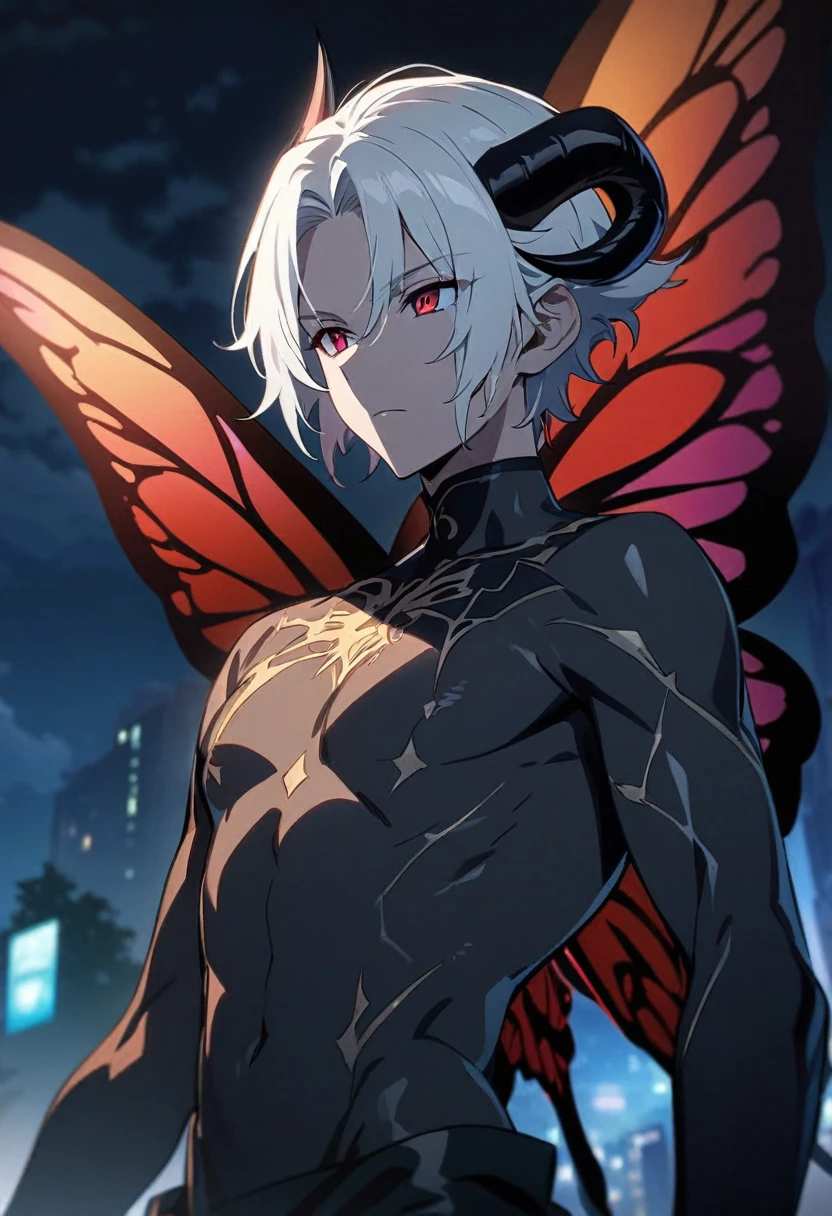 One boy, masterpiece, best quality, beautiful, white hair, devil horns, short hair, red eyes, Casimir Pheran, butterfly wings on his back, black claws, night, anime