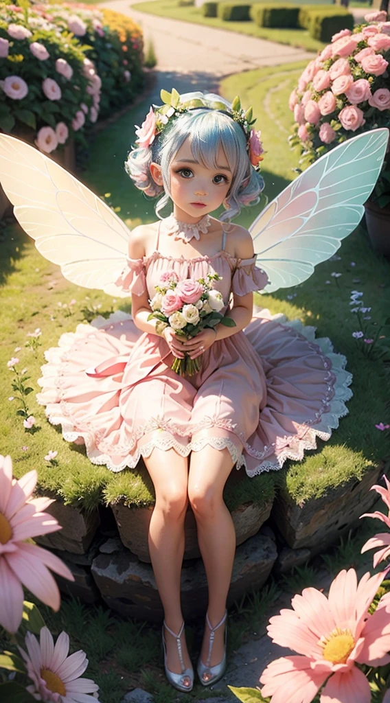 Cute flower fairy ，Hold the magic wand，The smile is bright，Lets be happy，beautiful garden background，Bright rainbow color landscape，plethora of colors，Rich in elements，The facial features are super detailed，Very high sharpness、k hd |、8K、Full body, sitting on a lotus flower, beautiful face, white person, smiling gently