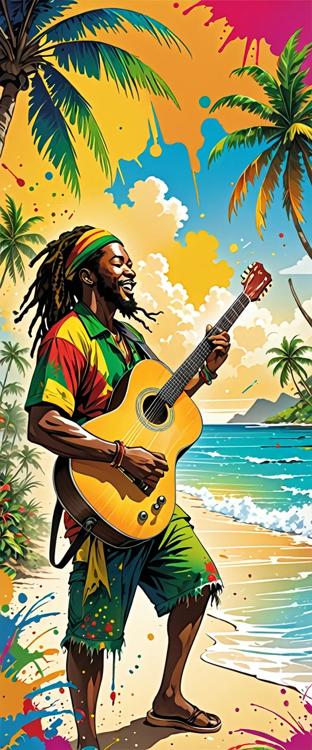 Vector art, Lots of Jamaican Reggae, Authentic Jamaican reggae music atmosphere,Color illustrations, in the center, Vibrant colors, Paint splatters and stains, High detail,
Palm tree,A man is playing the guitar,beach