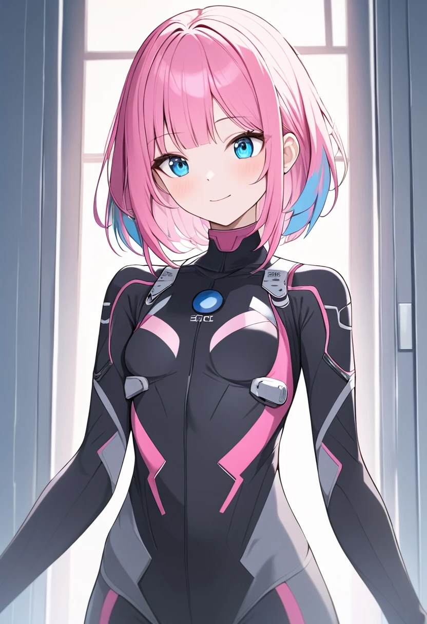 (masterpiece, top quality, very aesthetic, 4k、illustration), intricate detail, 1girl,Standing in front of a wall、(upper body)、light smile、(multicolored hair)、animated painting
Cute 、pink hair、,middle hair,sidelock ,,blue eyes、pilot suit、Tight Suit、small breasts,Slim 、