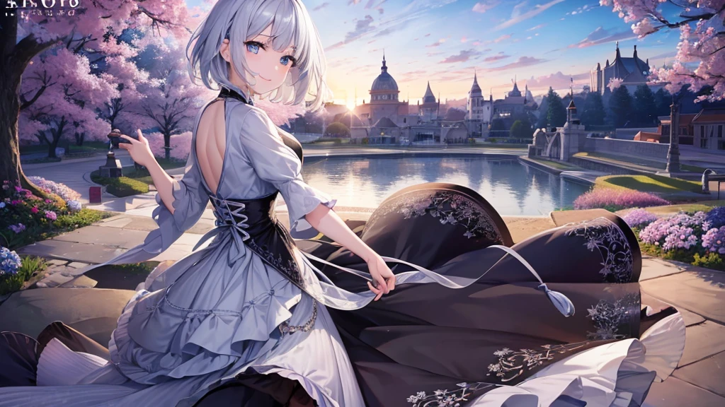 Ultra HD,Look at the viewers, Put your hands behind your back, With a girl, 20-year-old, 非常にShort Hair, Long bangs between the eyes, Pale blue eyes, Very detailed,(masterpiece、Highest quality),Gray Hair、Laughter、Fantastic, Silver Hair, Iris, Short hair、 Fluttering Hair、Small Face、明るいsmile、(Detailed face) ,Professional Lighting,Wonderful landscape,blue sky, sunlight,Looking down from above,Portraiture、Open your mouth、Flower Field、Her eyes were shining、Mysterious and enchanting atmosphere。With AI Painting、とてもShort Hair, Long bangs between the eyes, Very detailed,(masterpiece、Highest quality)、alone、Gray Hair、Fantasy, Silver Hair, Fantasyな風景、White shirt、smile、Open your mouth、short hair、Short Hair、hairpin、black eye、Grey Eyes、Beautiful Eyes、