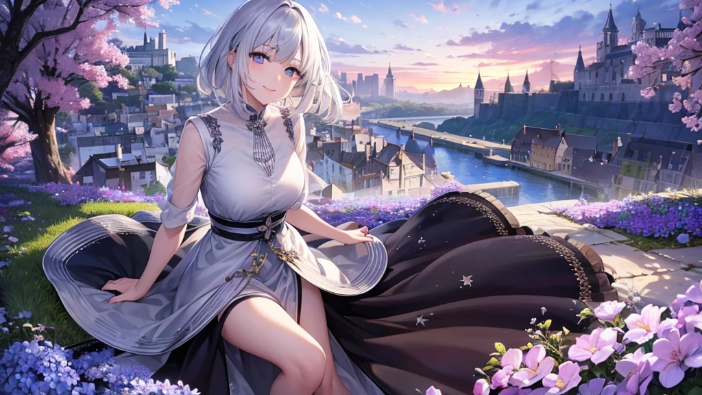 Ultra HD,Look at the viewers, Put your hands behind your back, With a girl, 20-year-old, 非常にShort Hair, Long bangs between the eyes, Pale blue eyes, Very detailed,(masterpiece、Highest quality),Gray Hair、Laughter、Fantastic, Silver Hair, Iris, Short hair、 Fluttering Hair、Small Face、明るいsmile、(Detailed face) ,Professional Lighting,Wonderful landscape,blue sky, sunlight,Looking down from above,Portraiture、Open your mouth、Flower Field、Her eyes were shining、Mysterious and enchanting atmosphere。With AI Painting、とてもShort Hair, Long bangs between the eyes, Very detailed,(masterpiece、Highest quality)、alone、Gray Hair、Fantasy, Silver Hair, Fantasyな風景、White shirt、smile、Open your mouth、short hair、Short Hair、hairpin、black eye、Grey Eyes、Beautiful Eyes、