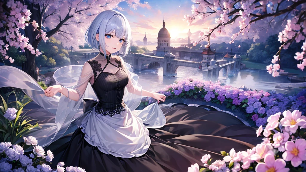 Ultra HD,Look at the viewers, Put your hands behind your back, With a girl, 20-year-old, 非常にShort Hair, Long bangs between the eyes, Pale blue eyes,  Very detailed,(masterpiece、Highest quality),Gray Hair、Laughter、Fantastic, Silver Hair, Iris,  Short hair、 Fluttering Hair、Small Face、明るいsmile、(Detailed face) ,Professional Lighting,Wonderful landscape,blue sky, sunlight,Looking down from above,Portraiture、Open your mouth、Flower Field、Her eyes were shining、Mysterious and enchanting atmosphere。With AI Painting、とてもShort Hair, Long bangs between the eyes, Very detailed,(masterpiece、Highest quality)、alone、Gray Hair、Fantasy, Silver Hair, Fantasyな風景、White shirt、smile、Open your mouth、short hair、Short Hair、hairpin、black eye、Grey Eyes、Beautiful Eyes、