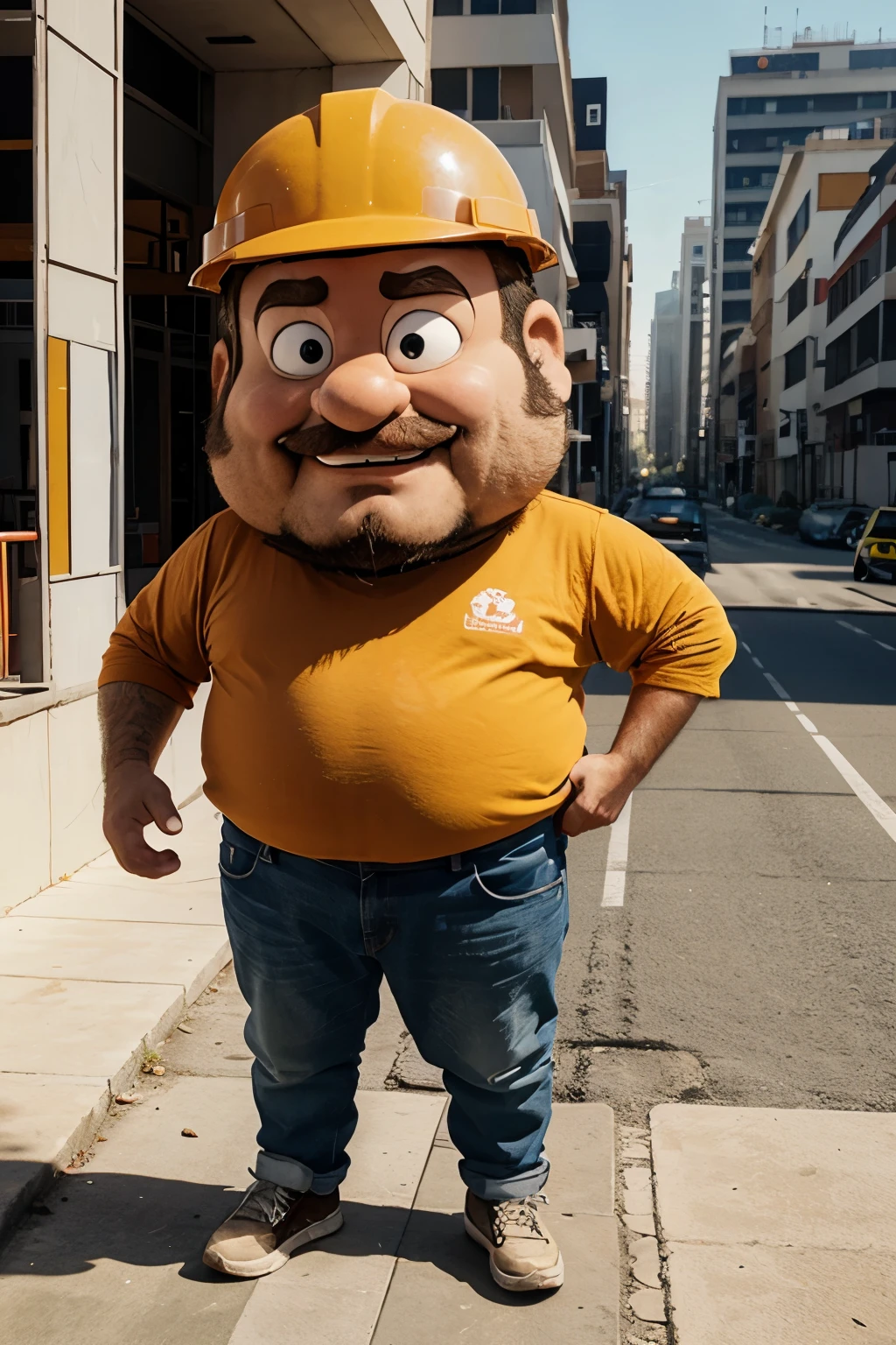 cartoon antistress, mascot, a round man in a construction worker's outfit with a helmet on his head fastened under his chin and a spirit level in his hand,