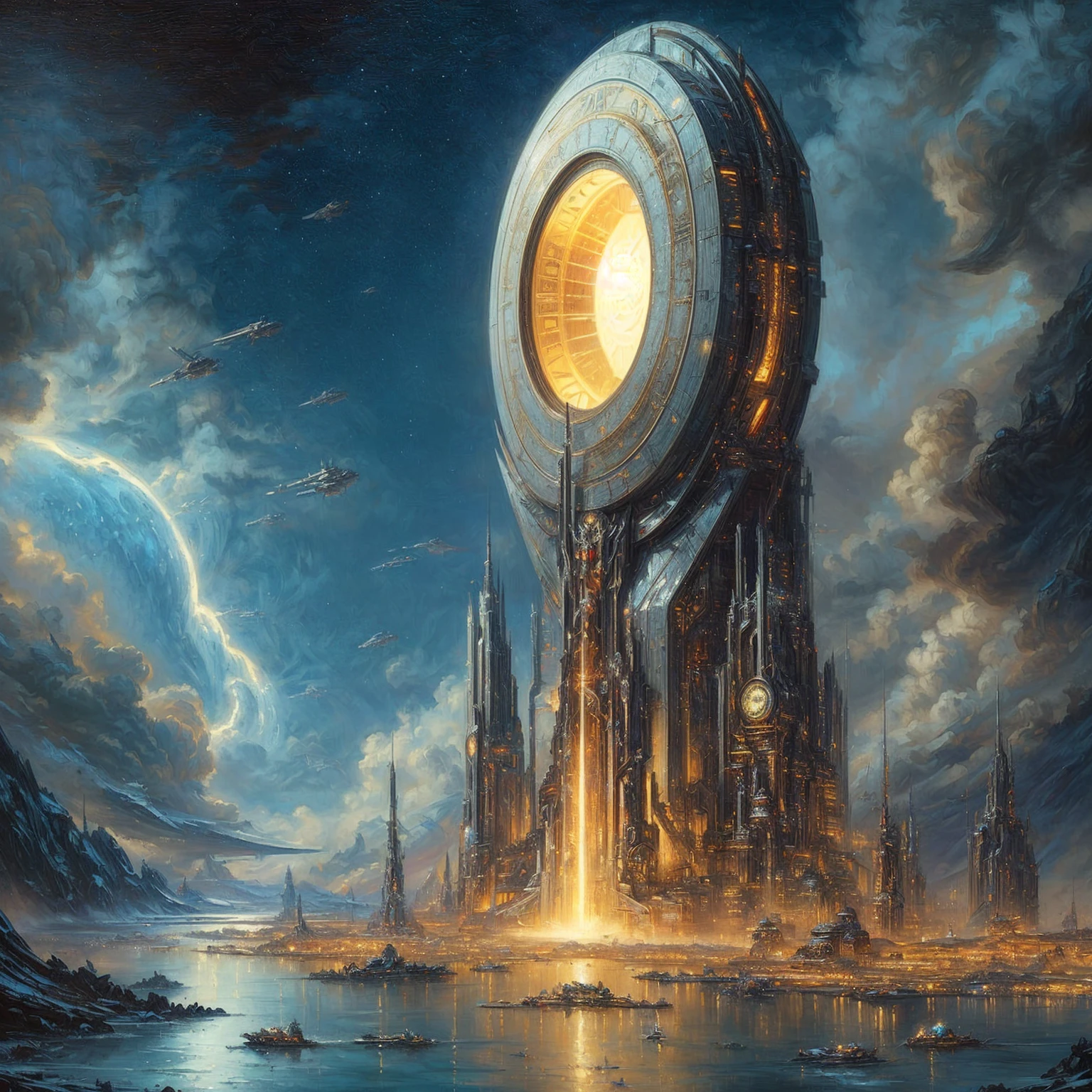 ((masterwork, high quality)), a painting of a futuristic city with a giant clock tower, greg beeple, futuristic utopian fantasy, epic scifi fantasy art, futuristic painting, sci-fi fantasy wallpaper, sci-fi fantasy art, in fantasy sci - fi city, beautiful sci fi art, science fiction art, science fantasy painting, ancient science fiction art, fantasy scifi, epic fantasy sci fi illustration