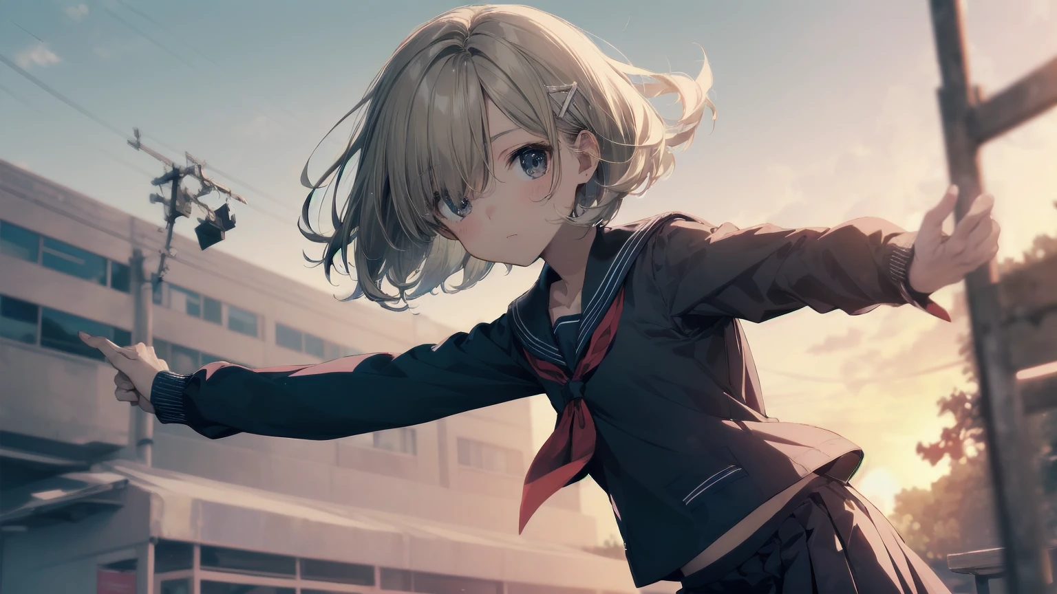 Highest quality, Anime Moe Art Style,Best Anime 8K Konachan Wallpaper,pixiv contest winners,Perfect Anatomy, (Please draw a girl walking sleepily to school.... ),break, 1 Girl, (alone,,,13 years old:1.3),high school student, short hair, amount, (Hair above one eye:1.7),All limbs, Full Finger,Medium Chest, Between the legs, Small eyes,accurate black eyes, Hair Clip, (Sailor suit:1.5),(school uniform:1.5) skirt,On the way to school. break,Very detailed,High resolution,ultra high density skin, Professional Lighting,8K eye detail, (Cute illustrations:1.2),Expressionless,(Hair on one eye:1.5),Sailor suit