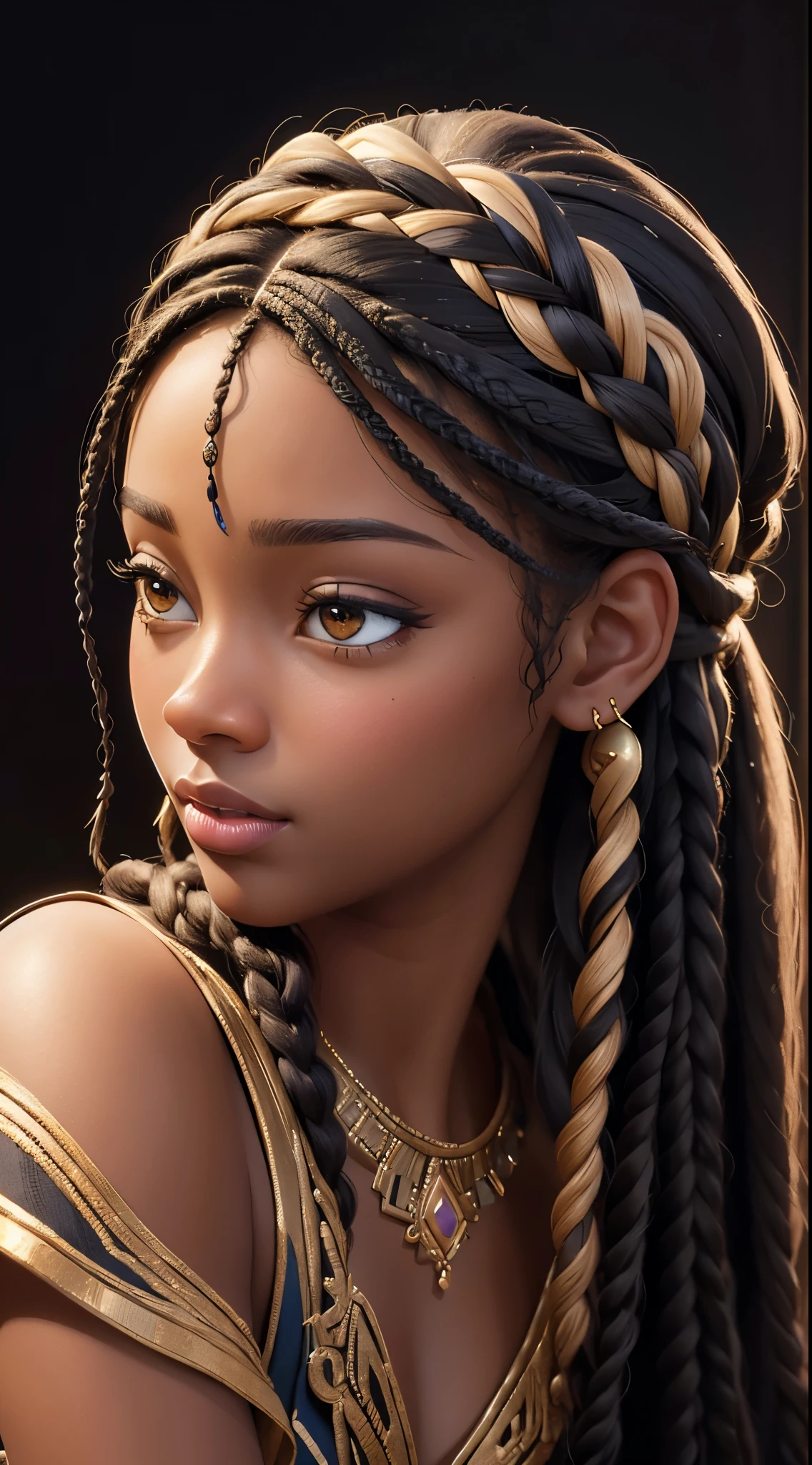 (best quality, masterpiece:1.2), realistic, detailed portrait of 1 black girl,braiding wig close up,realistic oil painting, vibrant colors, soft lighting, intricate brushstrokes, elegant pose, expressive eyes, flowing hair, delicate features.