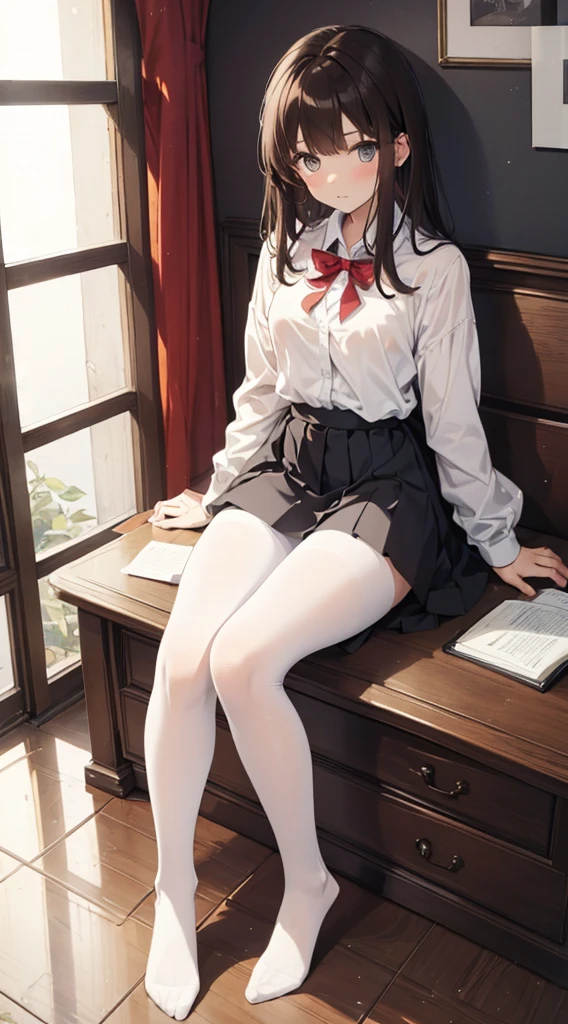 Top quality, masterpiece, High resolution, (Head to toe full body), front, frontやや下からの構図, Symmetric, Tall 18 year old girl, alone, (Head to toe), (Small breasts), bangs, (black tights), (Black Pantyhose), (Sit with your legs apart), (Crouching pose), (A composition showing white panties), (Her legs were spread、I see your white pants.), (I was made to sit on the floor with my legs spread..), (M-shaped legs), Thin legs, A very beautiful and tall 18 year old girl, (No shoes), blush, Shy big eyes, looking at the camera, Blazer Uniform, Checkered Pleated Skirt