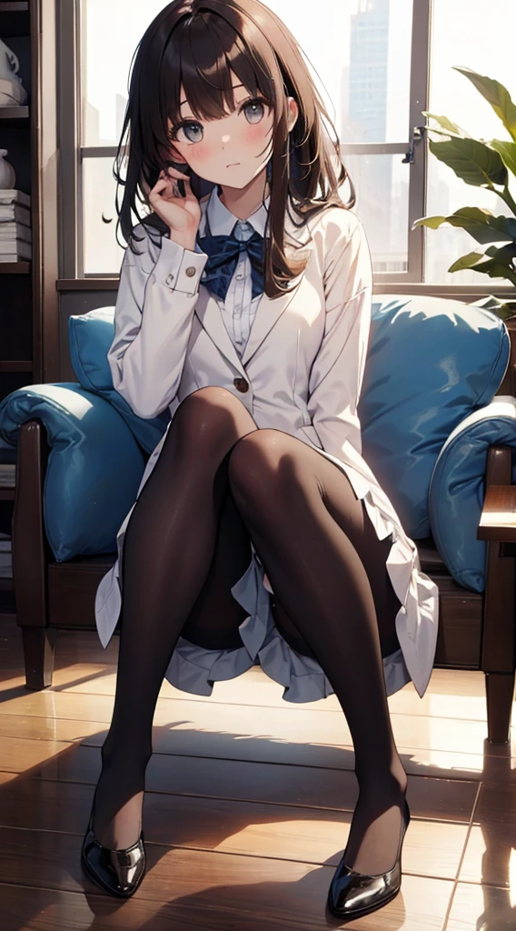 Top quality, masterpiece, High resolution, (Head to toe full body), front, frontやや下からの構図, Symmetric, Tall 18 year old girl, alone, (Head to toe), (Small breasts), Unkempt brown hair, bangs, (black tights), (Black Pantyhose), (Sit with your legs apart), (Crouching pose), (A composition showing white panties), (Her legs were spread、I see your white pants.), (I was made to sit on the floor with my legs spread..), (M-shaped legs), Thin legs, A very beautiful and tall 18 year old girl, (No shoes), blush, Shy big eyes, looking at the camera, Blazer Uniform, Checkered Pleated Skirt