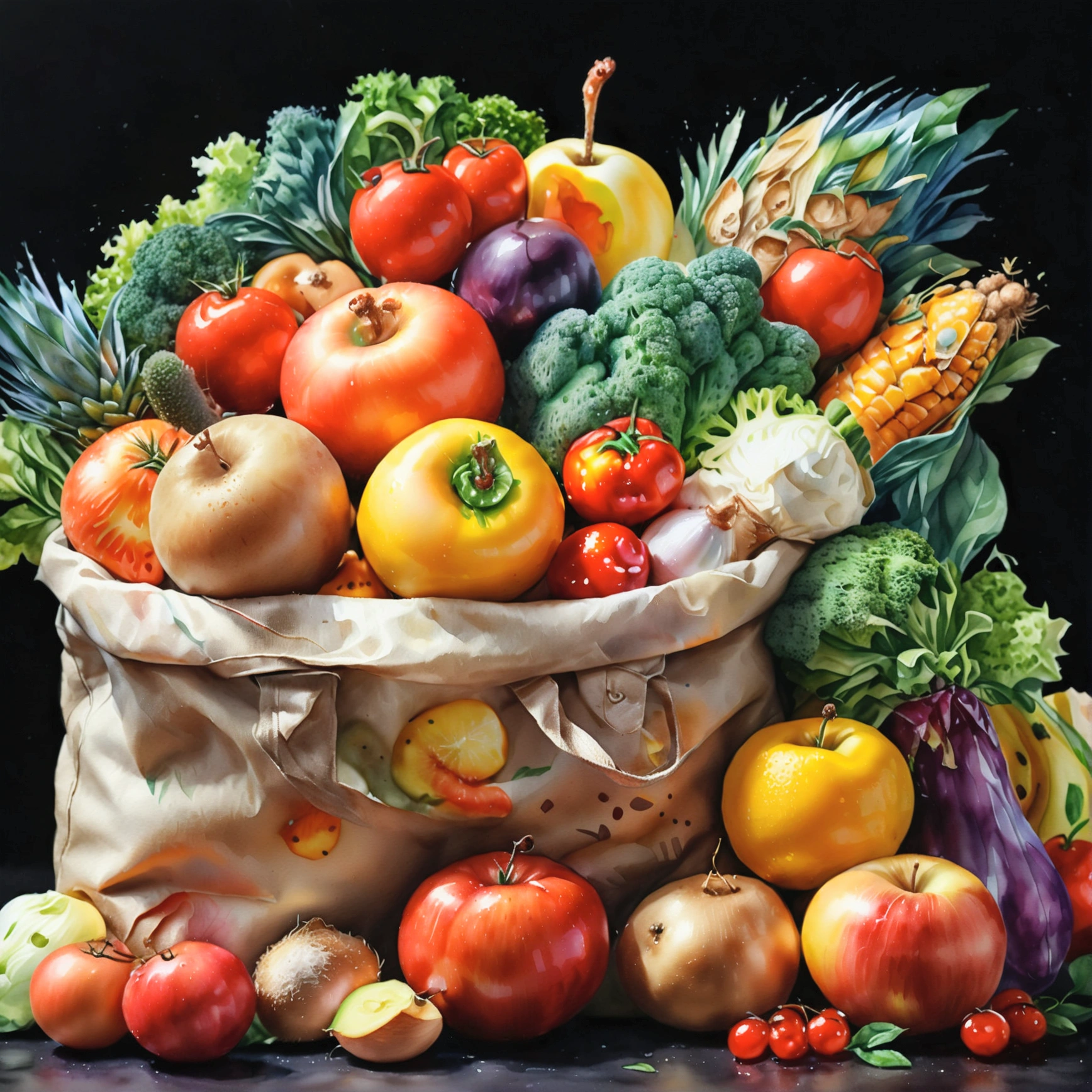 grocery bag with a lot healthy food, illustration, isolated with solid black background, surrounded with negative space, centered composition, 8k, highest detailed painting, very precise painting, Isolated, clear solid black background, perspective angle of view, cartoon style, ((watercolor)),