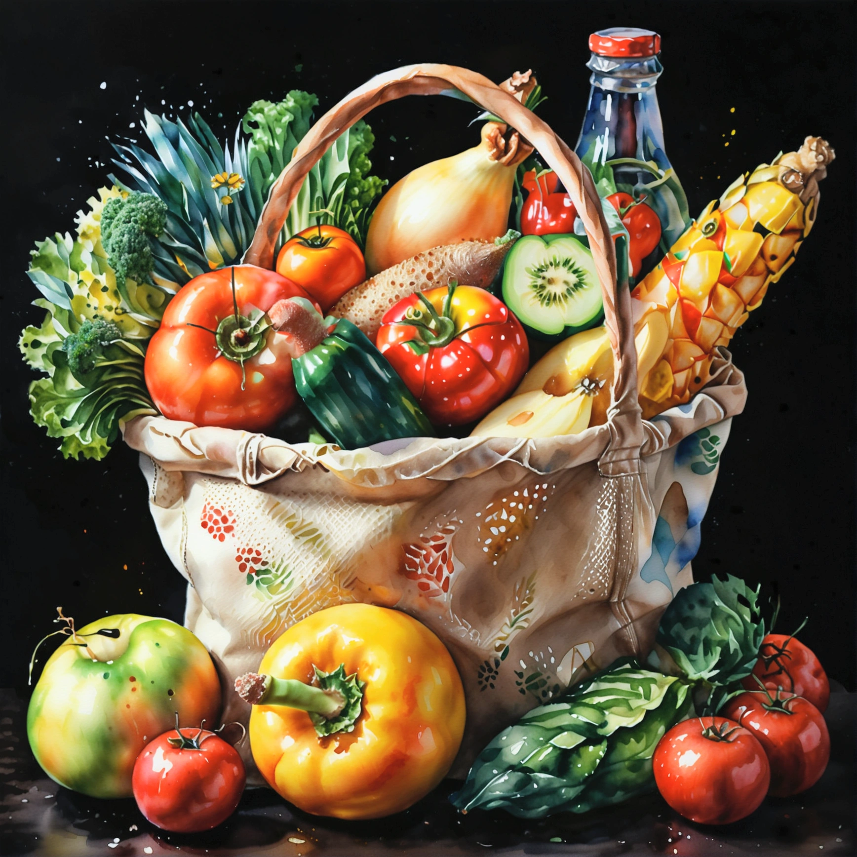 grocery bag with a lot healthy food, illustration, isolated with solid black background, surrounded with negative space, centered composition, 8k, highest detailed painting, very precise painting, Isolated, clear solid black background, perspective angle of view, cartoon style, ((watercolor)),