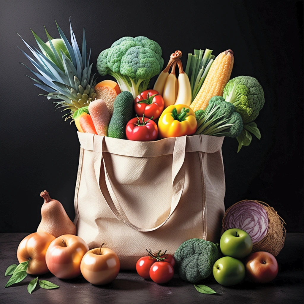 grocery bag with a lot healthy food, illustration, isolated with solid black background, surrounded with negative space, centered composition, 8k, highest detailed painting, very precise painting, Isolated, clear solid black background, perspective angle of view, cartoon style, ((watercolor)),