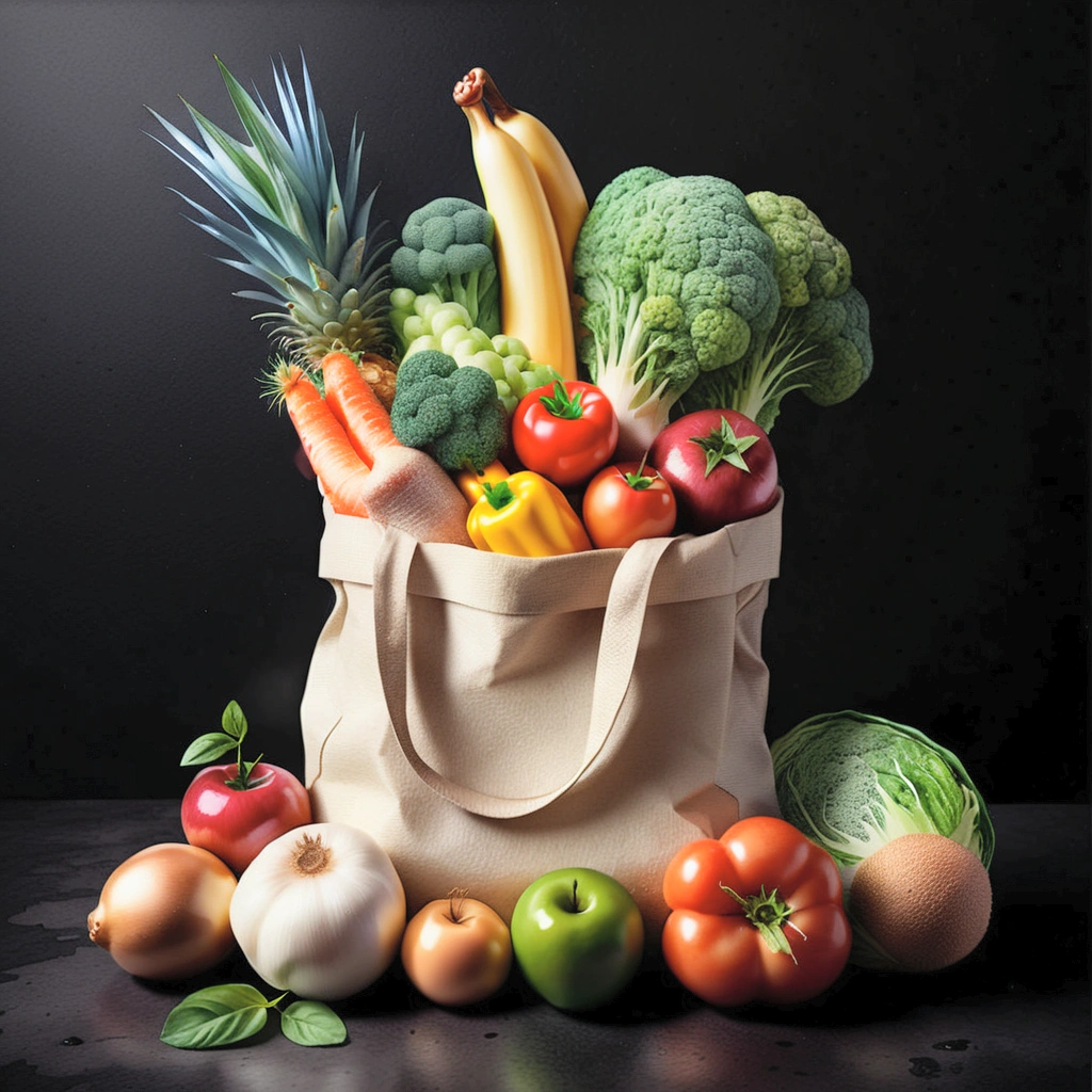 grocery bag with a lot healthy food, illustration, isolated with solid black background, surrounded with negative space, centered composition, 8k, highest detailed painting, very precise painting, Isolated, clear solid black background, perspective angle of view, cartoon style, ((watercolor)),