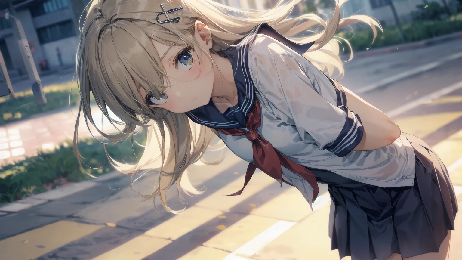 Highest quality, Anime Moe Art Style,Best Anime 8K Konachan Wallpaper,pixiv contest winners,Perfect ???????, (Please draw a girl walking sleepily to school.... ),break, 1 Girl, (alone,,,13 years old:1.3),high school student, short hair, amount, (Hair above one eye:1.7),All limbs, Full Finger,Medium Chest, Between the legs, Small eyes,accurate black eyes, Hair Clip, (Sailor suit:1.5),(school uniform:1.5) skirt,On the way to school. break,Very detailed,High resolution,ultra high density skin, Professional Lighting,8K eye detail, (Cute illustrations:1.2),Expressionless，(Hair on one eye:1.5)，Sailor suit