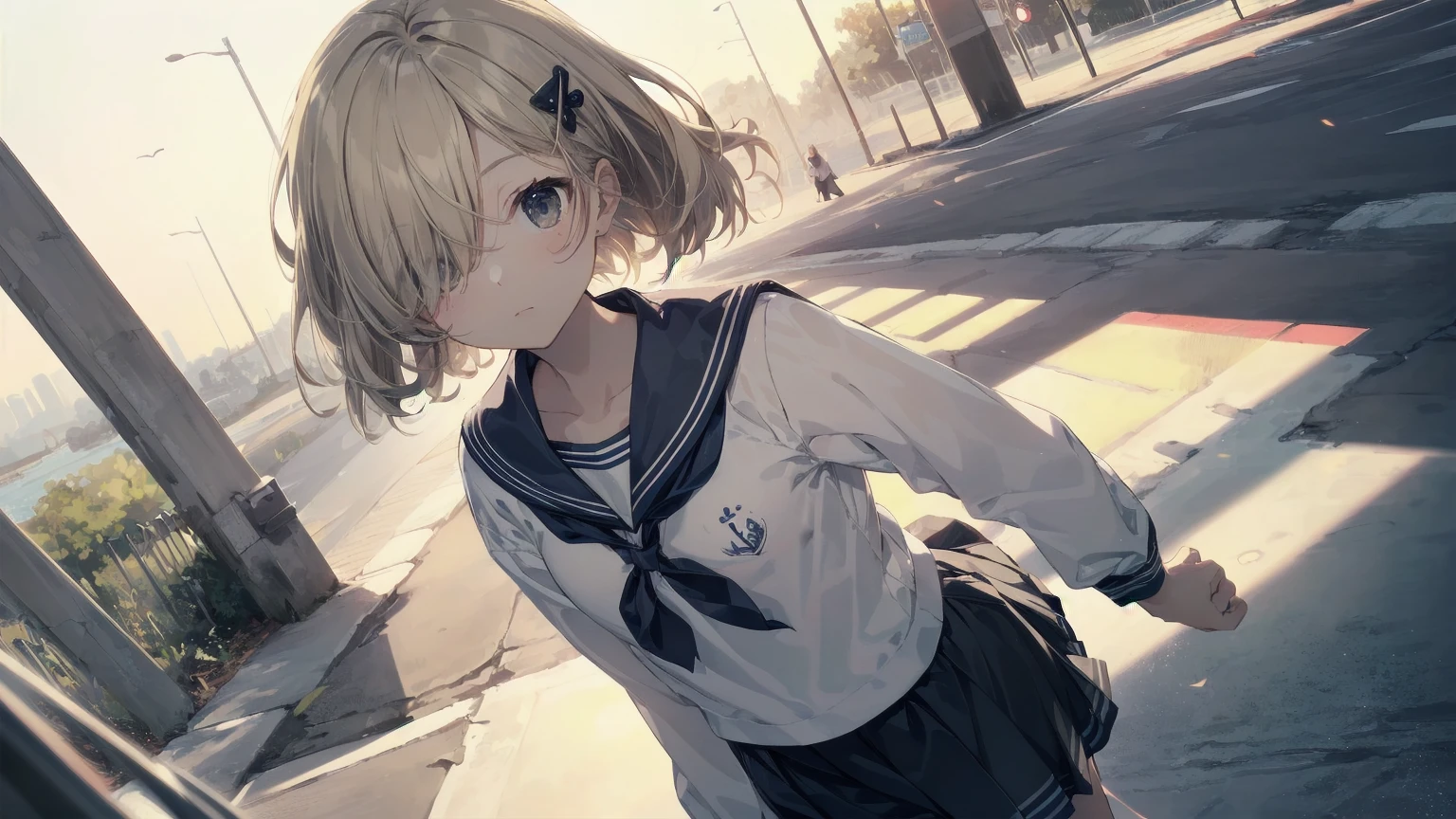 Highest quality, Anime Moe Art Style,Best Anime 8K Konachan Wallpaper,pixiv contest winners,Perfect Anatomy, (Please draw a girl walking sleepily to school.... ),break, 1 Girl, (alone,,,13 years old:1.3),high school student, short hair, amount, (Hair above one eye:1.7),All limbs, Full Finger,Medium Chest, Between the legs, Small eyes,accurate black eyes, Hair Clip, (Sailor suit:1.5),(school uniform:1.5) skirt,On the way to school. break,Very detailed,High resolution,ultra high density skin, Professional Lighting,8K eye detail, (Cute illustrations:1.2),Expressionless,(Hair on one eye:1.5),Sailor suit