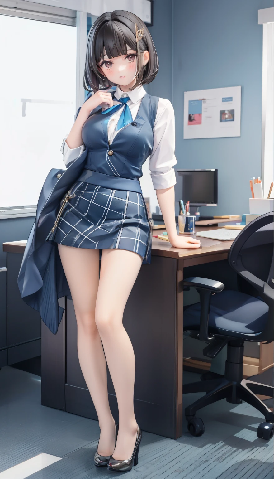 highest quality, Flying debris、Beautiful woman、officeレディー、Black Hair、(Brown eyes、Big Breasts、Blunt bangs)、short hair、チェック柄のダークブルーのofficeスーツ)、new employee,Full Body Shot、Female office lady、break(Dark blue checked vest、White dress shirt、Navy blue long tight pencil skirt:1.2)、(Black Knee High、High heels)、break(office:1.3)、Cleavage