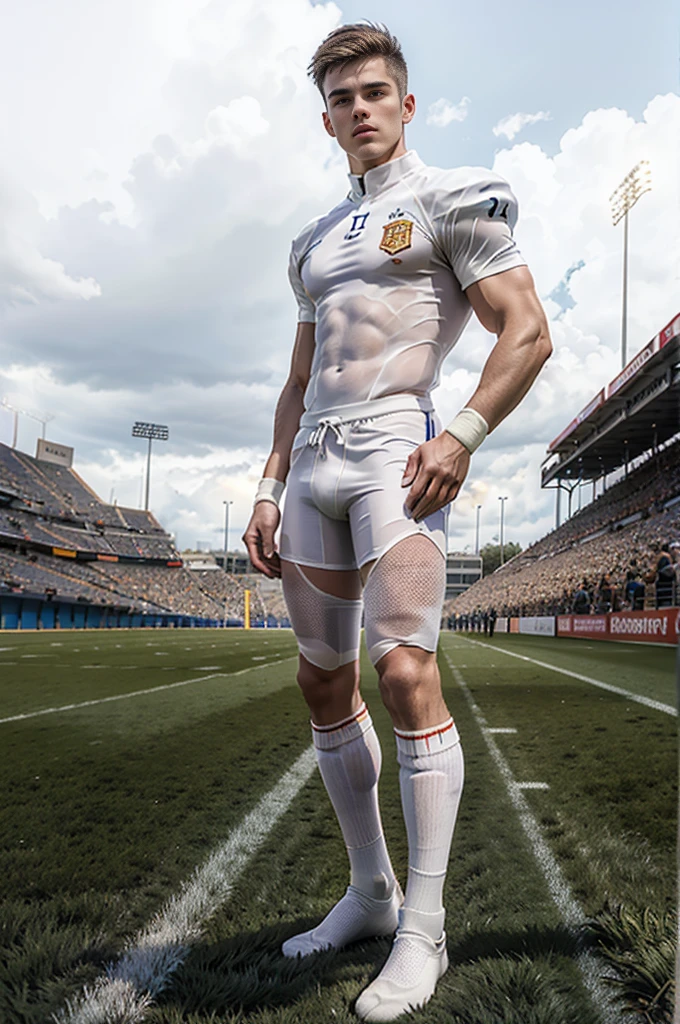 Full body shot of a young Spanish male standing wearing white socks on football field，White skin,  Wearing only white socks，Transparent clothes，Brown hair, Transparent Clothes