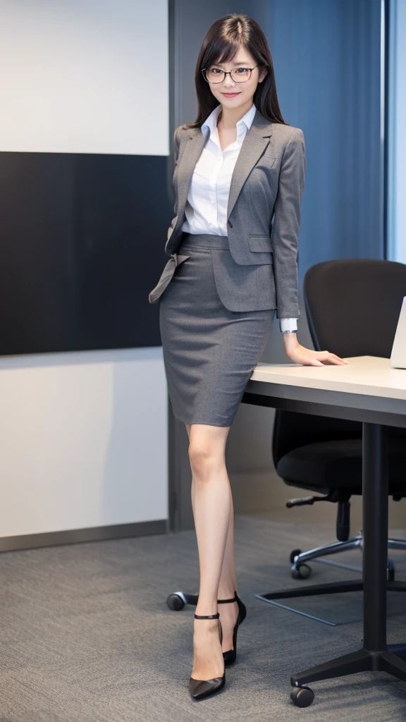 Full body composition, one woman, 30 years old, wearing glasses, beautiful woman, pretty face, cute face, suit, skirt, office room