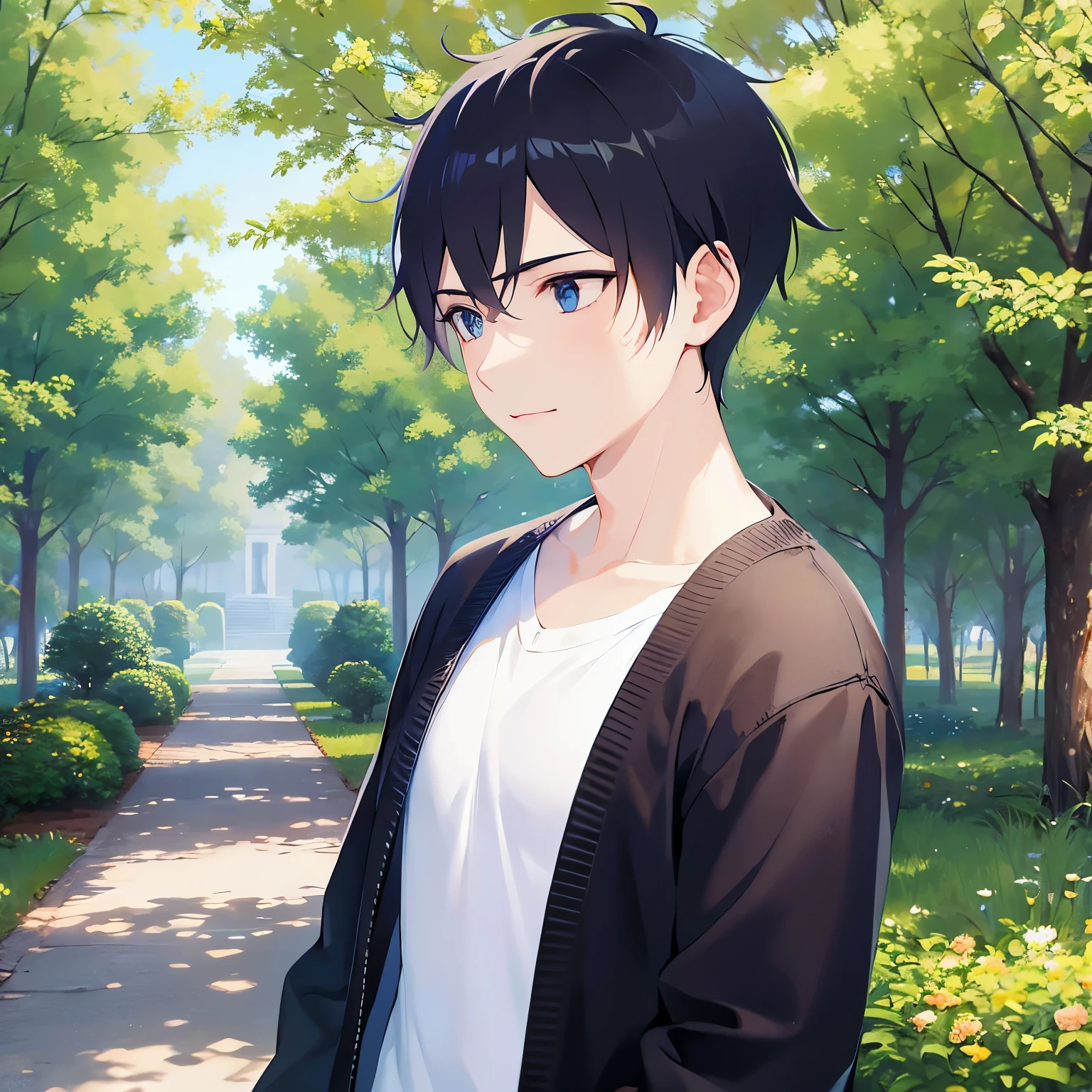 side angle, (looking away:1.5), upper body、shiny skin, masterpiece、Highest quality、(25-year-old male:1.5) and (Black short hair) and (blue eyes), (Black cardigan) and (White T-shirt)、smile The background is the park、(Alone:1.5)、Are standing, 