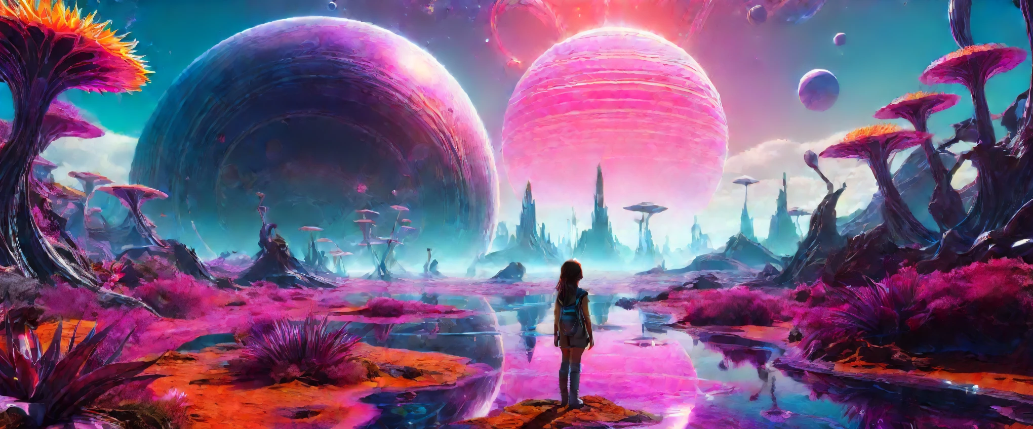 "A young girl with a sense of wonder explores an alien planet with vibrant chrome vegetation. The surreal landscape and flora create a stunning juxtaposition in a space-age paradise.