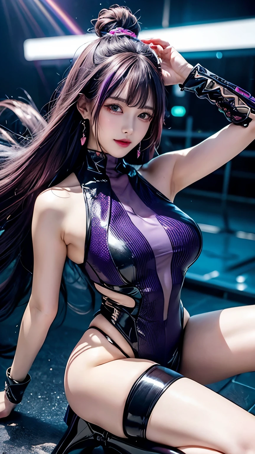 (logo、Masterpiece、8k、Tabletop、RAW Photos、wonderful、最high quality、Photorealistic and detailed CG synthesis 8K wallpapers、high quality、Very detailed、Narrative poem、Particle Effects、Dynamic Effects、Text Depth、Cinematic Light、Lens flare、 Ray Tracing、Fractal Art、colorful、Best Detail、Fantasy)、(Single Girl、arm、Long Hair、dress、water、gem、Earrings、water splash、Ultra-realistic upper body、Purple Hair)、Cyber punk beautiful girl、Realistic city background、illumination、Frank 、Purple Hair、Fractal Art、colorful、mechanical correction、Otome、A complex mechanical conduit inserted into his back、catheter、Neon Background、Neon City、night、Big Breasts、High heels、cyber punk、huge、Rich colors、Surreal and realistic textures