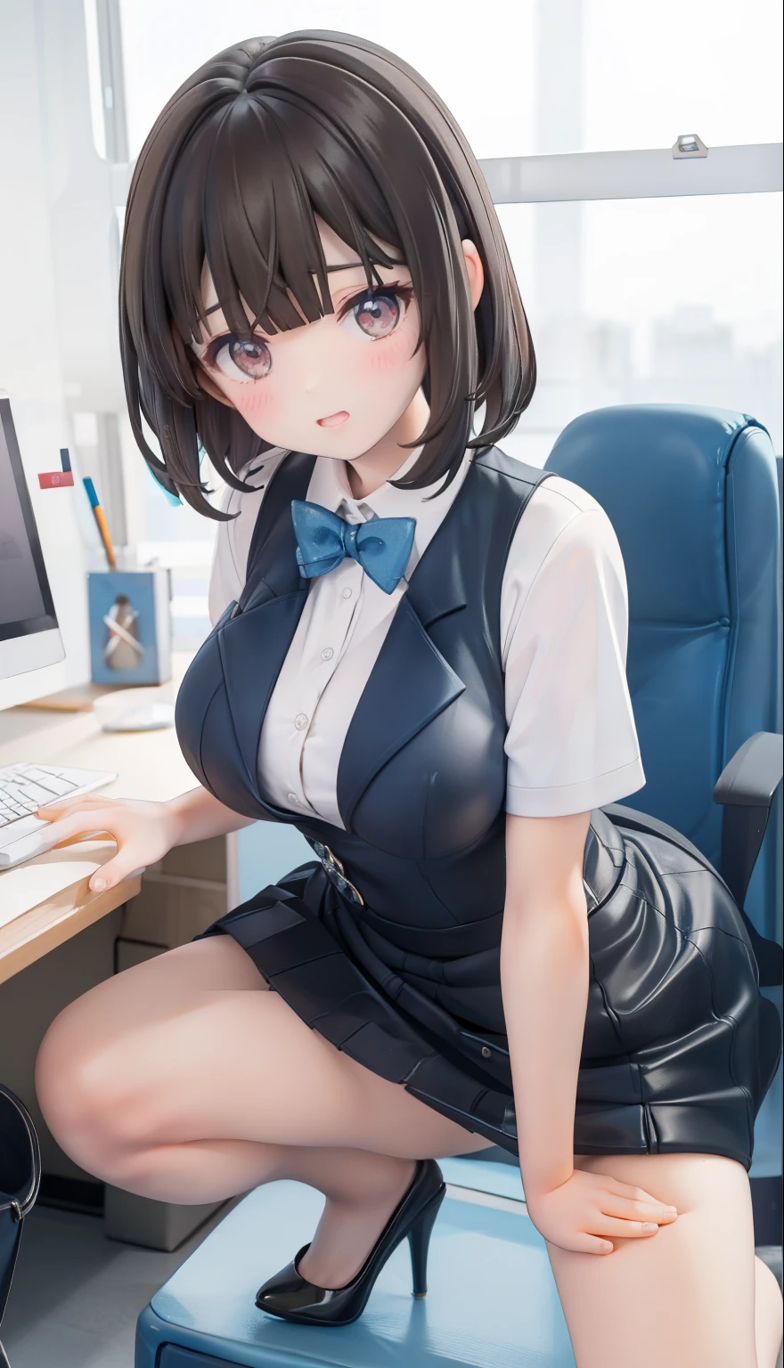 highest quality, Flying debris、Beautiful woman、officeレディー、Black Hair、(Brown eyes、Big Breasts、Blunt bangs)、short hair、チェック柄のダークブルーのofficeスーツ)、new employee,Full Body Shot、Female office lady、break(Dark blue checked vest、White dress shirt、Navy blue long tight pencil skirt:1.2)、(Black Knee High、High heels)、break(office:1.3)、Cleavage