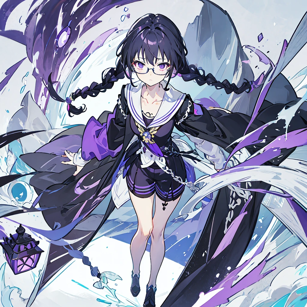 high resolution、Fine skin、Glasses、Purple droopy eyes, black hair braids、Black Sailor Suit、No background