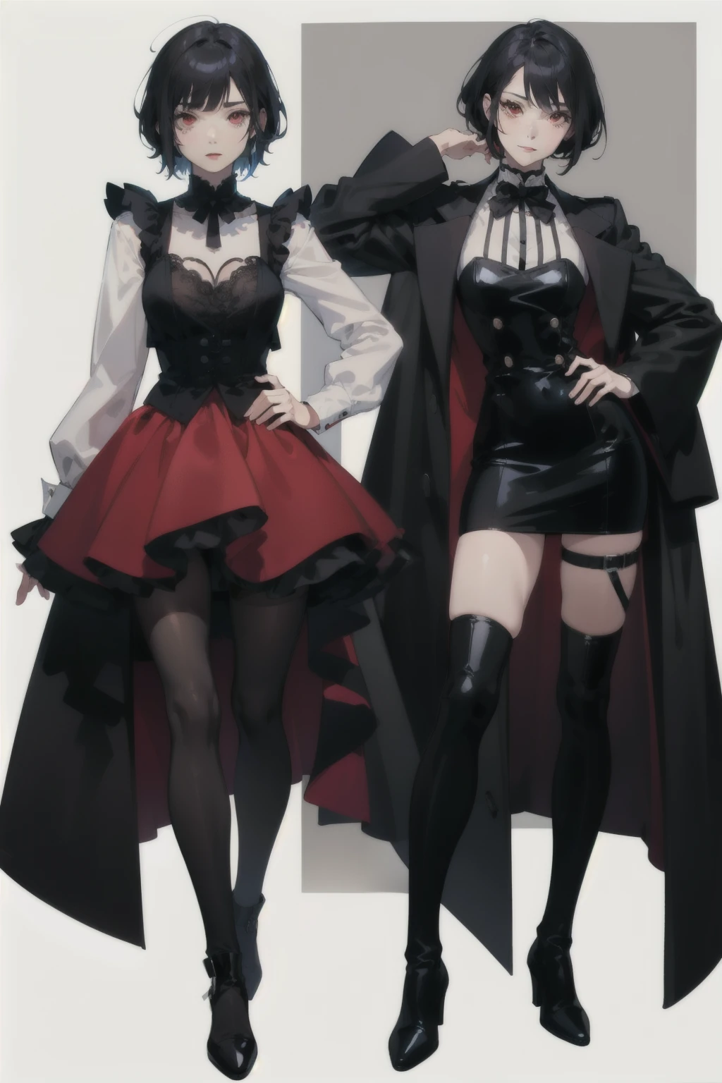 Mature girl, anime female character, short black hair, bangs, red eyes, vest, boots, full body shot, pose, elegant, bangs, ouji fashion, "Black Butler" inspired outfit., anime, Gothic art, anime, Gothic art, masterpiece, anatomically correct, accurate, high details, highres, 4K, 8K, highres, 1080P, super detail, masterpiece, anatomically correct
