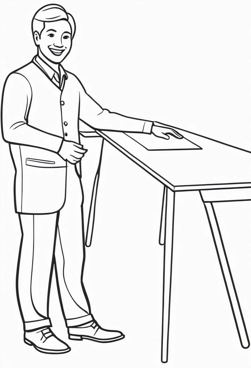 Create an illustration of a person in a meeting, standing with both hands placed on the table, leaning slightly forward, smile